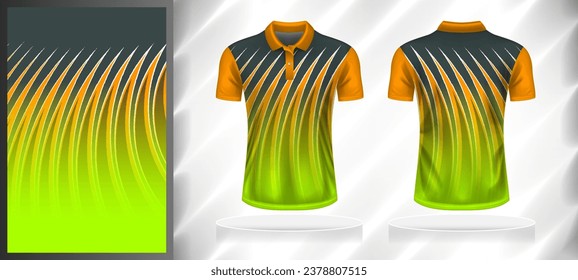 Vector sport pattern design template for Polo T-shirt front and back with short sleeve view mockup. Dark and light shades of green-orange color gradient abstract curve line texture background.