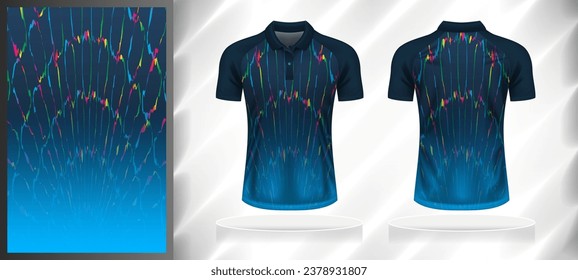 Vectorsport-Muster-Design-Vorlage für T-Shirt vorne und hinten mit Kurzarm-View-Mock-Up. Dunkle und helle Farbnuancen abstrakter Linien-Texturhintergrund-Illustration mit blauem Farbverlauf-Verlauf.