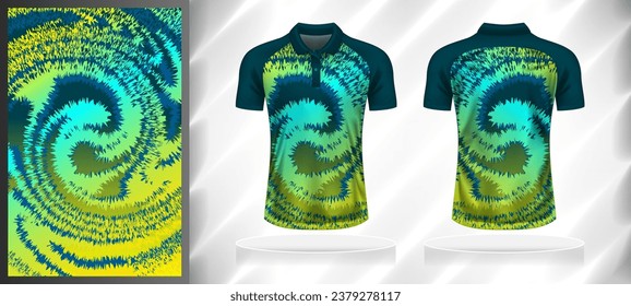 Vector sport pattern design template for Polo T-shirt front and back with short sleeve view mockup. Shades of green-blue-yellow color gradient abstract grunge texture background illustration.