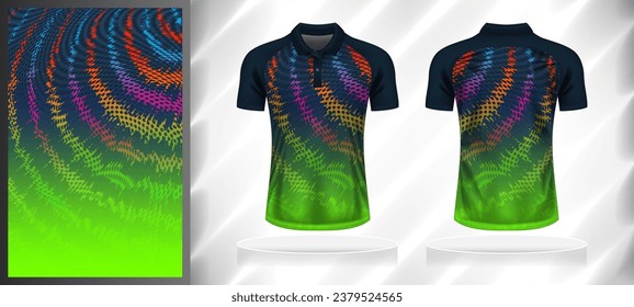 Vector sport pattern design template for Polo T-shirt front and back with short sleeve view mockup. Shades of blue-green-pink-orange color gradient abstract texture background illustration.