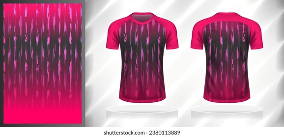 Vector sport pattern design template for V-neck T-shirt front and back with short sleeve view mockup. Shades of pink-grey color gradient abstract texture background illustration.