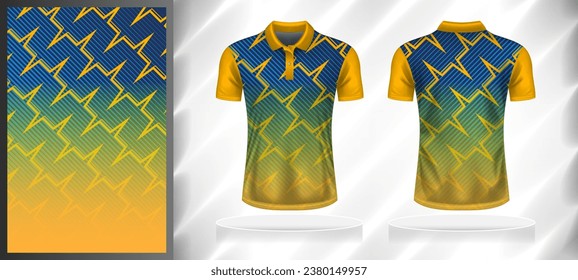 Vector sport pattern design template for Polo T-shirt front and back with short sleeve view mockup. Shades of yellow-blue color gradient abstract geometric line texture background illustration.