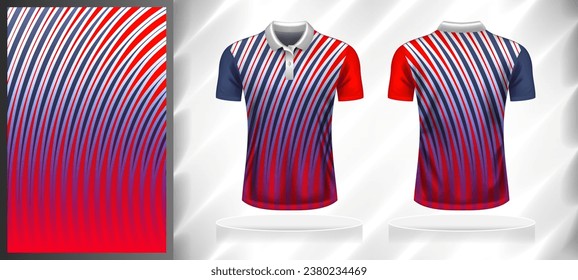 Vector sport pattern design template for Polo T-shirt front and back with short sleeve view mockup. Shades of blue-red-white color gradient abstract curve line texture background illustration.