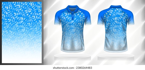 Vector sport pattern design template for Polo T-shirt front and back with short sleeve view mockup. Shades of blue-white color gradient abstract geometric texture background illustration.