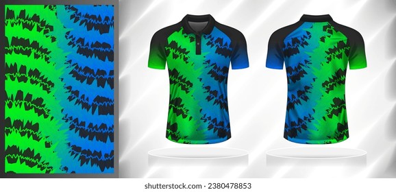 Vector sport pattern design template for Polo T-shirt front and back with short sleeve view mockup. Shades of green-blue-grey color gradient abstract texture background illustration.