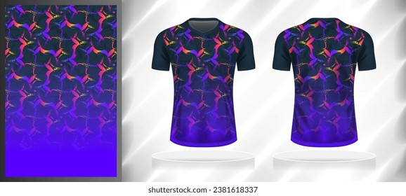 Vector sport pattern design template for V-neck T-shirt front and back with short sleeve view mockup. Shades of blue-purple-pink-yellow color gradient abstract grunge texture background illustration.