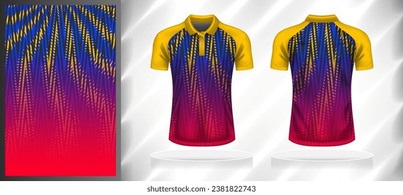 Vector sport pattern design template for Polo T-shirt front and back with short sleeve view mockup. Shades of yellow-blue-purple-pink-red color gradient abstract line texture background illustration.