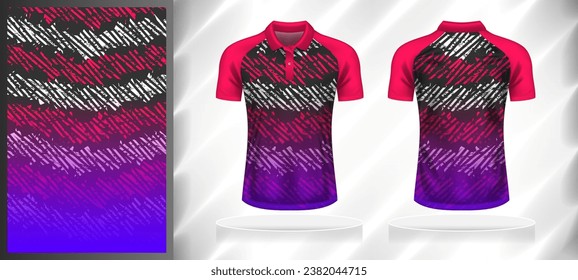 Vector sport pattern design template for Polo T-shirt front and back with short sleeve view mockup. Shades of grey-pink-purple color gradient abstract texture background illustration.