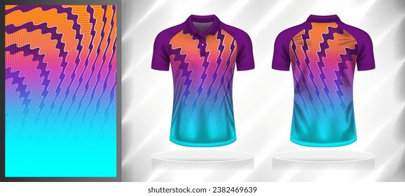 Vector sport pattern design template for Polo T-shirt front and back with short sleeve view mockup. Shades of purple-blue-pink-yellow color gradient abstract wave line texture background illustration.