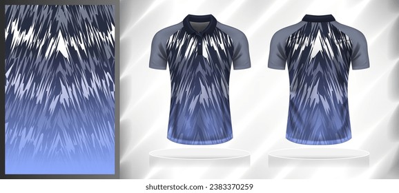 Vector sport pattern design template for Polo T-shirt front and back with short sleeve view mockup. Dark and light shades of grey-blue color gradient abstract grunge texture background illustration.