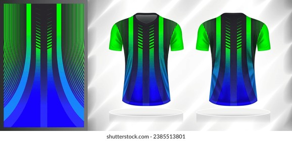 Vector sport pattern design template for V-neck T-shirt front and back with short sleeve view mockup. Shades of grey-green-blue color gradient abstract geometric line texture background illustration.