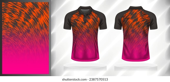 Vector sport pattern design template for Polo T-shirt front and back with short sleeve view mockup. Shades of grey-orange-pink color gradient abstract texture background illustration.
