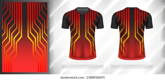 Vector sport pattern design template for V-neck T-shirt front and back with short sleeve view mockup. Shades of grey-black-red-yellow color gradient abstract line texture background illustration.