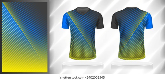 Vector sport pattern design template for V-neck T-shirt front and back with short sleeve view mockup. Shades of grey-blue-yellow color gradient abstract geometric line texture background illustration.
