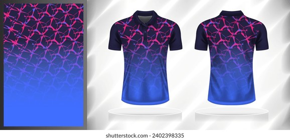 Vector sport pattern design template for Polo T-shirt front and back with short sleeve view mockup. Shades of blue-purple-pink color gradient abstract grunge texture background illustration.