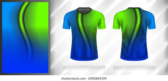 Vector sport pattern design template for V-neck T-shirt front and back with short sleeve view mockup. Shades of blue-green-grey color gradient abstract geometric line texture background illustration.