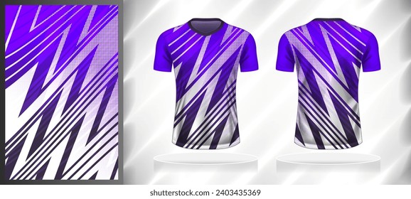 Modelo de diseño de patrones deportivos vectoriales para camisetas de cuello V en frente y espalda con simulación de manga corta. Tonos oscuros y claros de color púrpura con fondo de textura abstracta de gradiente de color blanco.