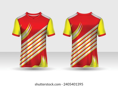 Vector sport pattern design template for Polo T-shirt front and back with short sleeve view mockup. Shades of red-yellow color gradient abstract