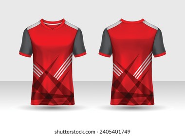 Vector sport pattern design template for Polo T-shirt front and back with short sleeve view mockup. Shades of red-black color gradient abstract