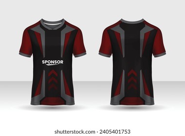 Vector sport pattern design template for Polo T-shirt front and back with short sleeve view mockup. Shades of red-black color gradient abstract
