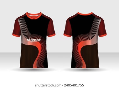 Modelo de diseño de patrones deportivos vectoriales para polo T-shirt frontal y posterior con la maqueta de visión de manga corta. Sombras de degradado de color rojo-negro abstracto