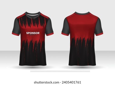 Vector sport pattern design template for Polo T-shirt front and back with short sleeve view mockup. Shades of red-black color gradient abstract