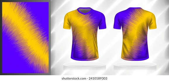 Vectorsport Muster Design Vorlage für V-Nacken T-Shirt vorne und hinten mit kurzen Ärmeln Ansicht mock up. Farbtöne von gelb-blau-violett Farbverlauf abstrakte Texturhintergrund-Illustration.