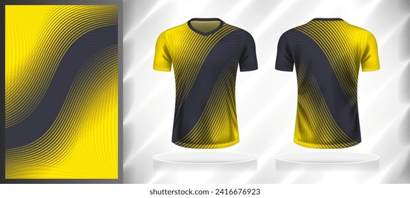 Vectorsport Muster Design Vorlage für V-Nacken T-Shirt vorne und hinten mit kurzen Ärmeln Ansicht mock up. Farbtöne von graugelbem Farbverlauf-Abstrakte geometrische Linien Textur Hintergrund-Illustration.