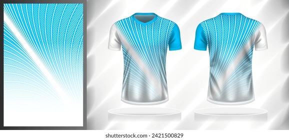 Vector sport pattern design template for V-neck T-shirt front and back with short sleeve view mockup. Shades of blue-white color gradient abstract geometric curve line texture background illustration.