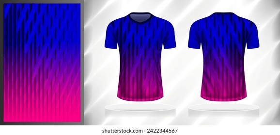 Vector sport pattern design template for V-neck T-shirt front and back with short sleeve view mockup. Dark and light shades of blue-pink color gradient abstract geometric line texture background.