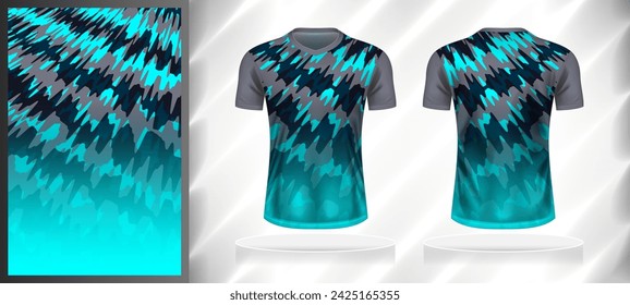 Vector Sport Muster Design-Vorlage für V-Ausschnitt T-Shirt vorne und hinten mit kurzen Ärmel Ansicht Mockup. Dunkle und helle Schattierungen von blau-grau-schwarzen Farbverlauf abstrakte Textur Hintergrund Illustration.