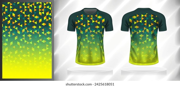 Vector Sport Muster Design-Vorlage für V-Ausschnitt T-Shirt vorne und hinten mit kurzen Ärmel Ansicht Mockup. Dunkle und helle Schattierungen von grün-gelben Farbverlauf Abstrakte geometrische Textur Hintergrund.