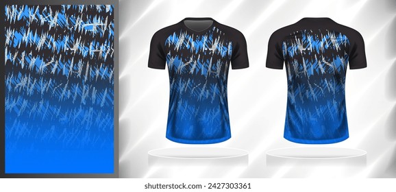 Vector Sport Muster Design-Vorlage für V-Ausschnitt T-Shirt vorne und hinten mit kurzen Ärmel Ansicht Mockup. Schattierungen von Grau-Blau-Weiß Farbverlauf Abstrakte Grunge Textur Hintergrund Illustration.