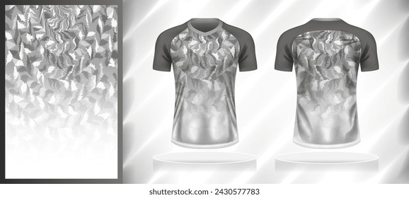 Vector sport pattern design template for V-neck T-shirt front and back with short sleeve view mockup. Shades of grey-white color gradient abstract grunge texture background illustration.