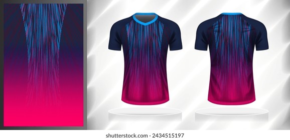 Vector Sport Muster Design-Vorlage für V-Ausschnitt T-Shirt vorne und hinten mit kurzen Ärmel Ansicht Mockup. Dunkle und helle Schattierungen von blau-rosa Farbverlauf abstrakte Linie Textur Hintergrund Illustration.