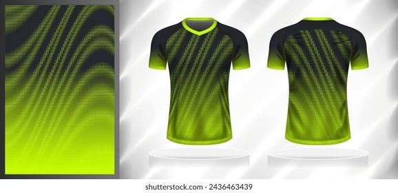 Vector sport pattern design template for V-neck T-shirt front and back with short sleeve view mockup. Shades of grey-black-green color gradient abstract halftone texture background illustration.