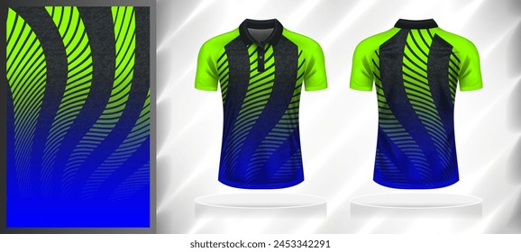 Vector sport pattern design template for Polo T-shirt front and back with short sleeve view mockup. Shades of grey-green-blue color gradient abstract curve geometric line texture background.