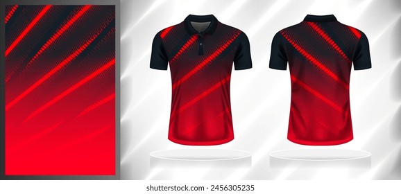 Plantilla de diseño de patrón deportivo de Vector para la parte delantera y trasera de la camiseta con maqueta de vista de manga corta. Tonos oscuros y claros de degradado de color negro-rojo línea abstracta textura ilustración de fondo.