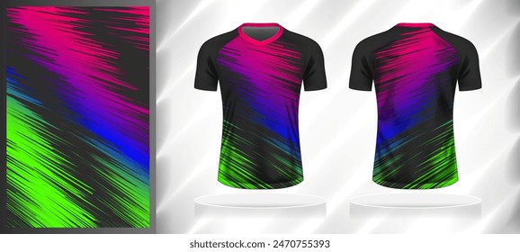 Plantilla de diseño de patrón deportivo de Vector para camiseta con cuello en V delante y detrás con maqueta de vista de manga corta. Tonos de gris-rosa-azul-verde degradado de color línea abstracta textura de fondo ilustración.