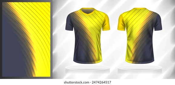 Plantilla de diseño de patrón deportivo de Vector para camiseta con cuello en V delante y detrás con maqueta de vista de manga corta. Tonos oscuros y claros de degradado de color amarillo-gris línea abstracta textura ilustración de fondo.