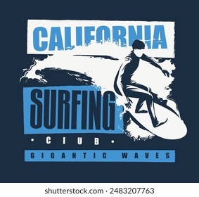 vector sport poster banner logo drawing of a surfer on a board riding the waves at sea with lettering California surfing club