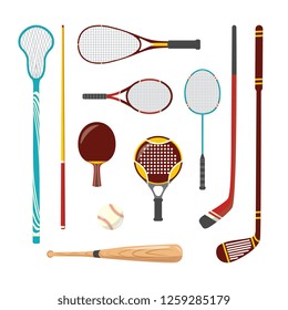 Vector sport racquets and equipment set. Hockey, squash sticks, tennis badmintons rackets, baseball bat, ball and pool snooker cue. Isolated illustration