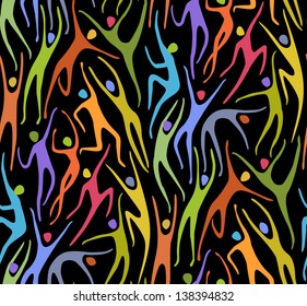 Vector sport seamless pattern with silhouettes of person. Simple abstract black background with color figures of peoples in motion. Concept of movement, freedom, competition, activity for print, web