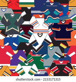 Vector sport square seamless ice hockey pattern or texture of colorful retro team jerseys with long sleeves. Sportswear wallpaper.