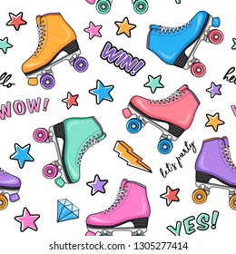 Vector sport style fashion seamless pattern with retro colorful roller skates, stars, flashes, diamonds and typography. Hipster girly comic background 