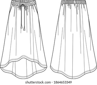 Vector sport style woman skirt fashion CAD, long woman skirt with elasticized waistband technical drawing, sketch, template, flat. Jersey or woven fabric maxi skirt with front, back view, white color