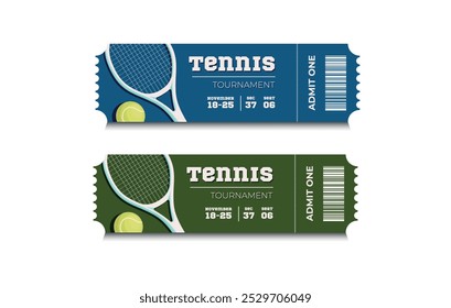 Vektorsportkarten einzeln auf weißem Hintergrund. Vorlage für Tenniskarten. Karteneinladung, Veranstaltung und Datum, Platzierungssektor. Ticketsymbol für die Website. Tennisturnier.Tennisschläger und Ball.