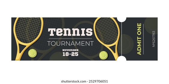 Vector sport tickets isolated on white background. Tennis ticket card template. Card invitation, event and date, place sector. Ticket icon for website. Tennis Tournament.Racket for tennis and ball.