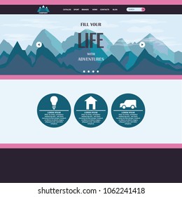 Vector sport and tourist website template design. Internet shop with delivery. Blue mountains. Bootstrap. Vector 10 eps