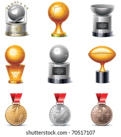 Juego de iconos de trofeos deportivos vectores y medallas